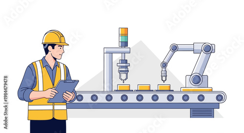 Industrial Robot Arm and Foreman Inspecting Automated Production Line