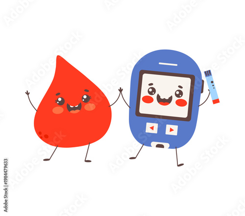 Cute Blood Drop and Glucose Meter Cartoon Characters. World Diabetes Day Vector Illustration.