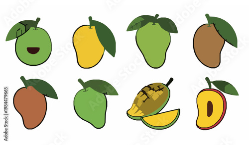 Cute mango cartoon vector set with colorful tropical fruits and leaves for kids design isolated on white background