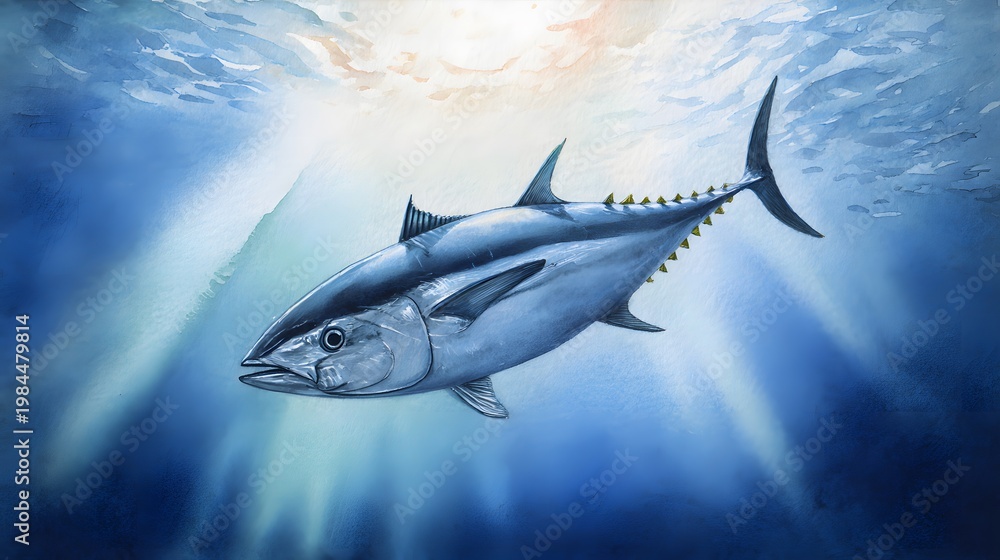 Obraz premium Bluefin tuna swim through ocean depths bathed in sunlight a vibrant marine illustration