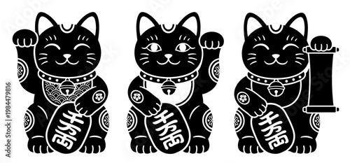 Set of three black lucky cat vector illustrations. Feline characters holding fortune coins and a traditional scroll representing prosperity, success, and wealth on a white background.