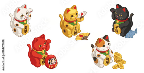 Isometric collection of five colorful lucky cat vector figures including white gold black red and calico varieties holding a traditional coin fan fish and doll for wealth and fortune.