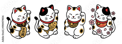 Set of four cute lucky cat vector illustrations in traditional japanese style holding a gold coin and fish with beautiful cherry blossom elements isolated on white background.