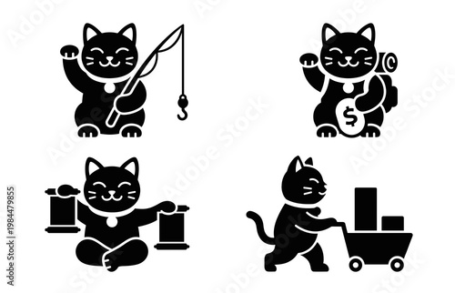 Set of four unique black vector lucky cat illustrations. The Maneki Neko figurines feature diverse activities like fishing, carrying a dollar-signed backpack, holding banners, and pushing a cart.