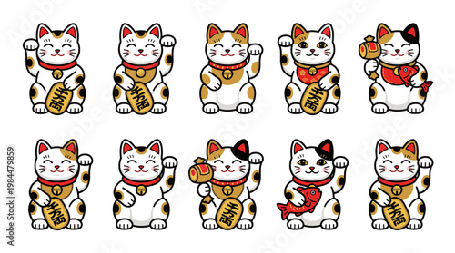 Colorful vector illustration of a collection of Japanese Maneki Neko lucky cats. This set features two rows of calico-colored felines, each holding traditional fortune symbols