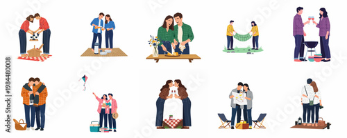 Collection of flat illustrations depicting couples enjoying outdoor leisure activities, picnicking, camping, and spending quality time together.