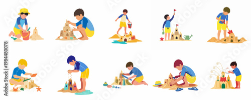 Flat vector illustrations of young boys building sandcastles with buckets and shovels on a beach, representing summer fun and childhood creativity.