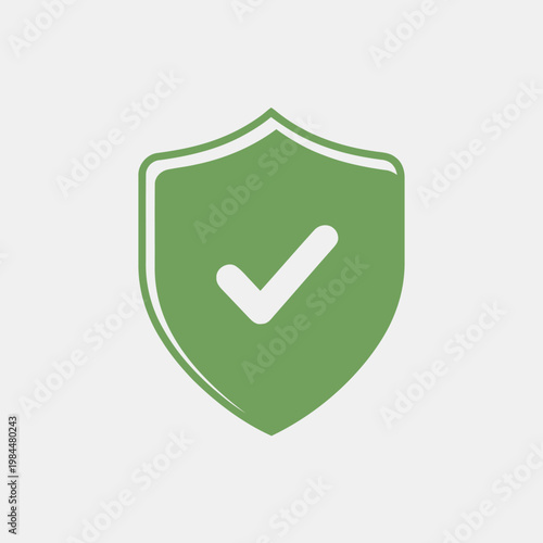 Modern flat vector icon featuring a green shield with a white checkmark, symbolizing security, protection, and verified online content