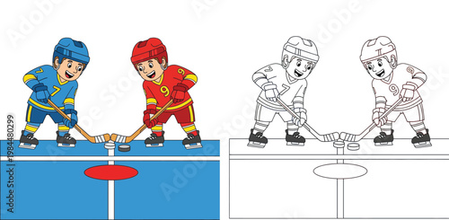 Photography Kids Playing Ice Hockey Coloring Page Illustration with Colored Reference Versio