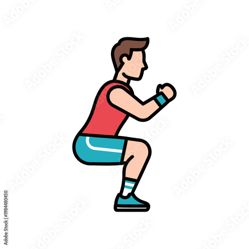 Man Performing Squat Exercise Vector Illustration, Athletic Male Doing Fitness Workout Isolated on White