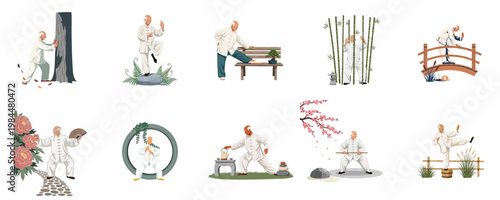 Collection of flat illustrations showcasing an elderly man performing various Tai Chi and Qigong movements in peaceful outdoor settings.
