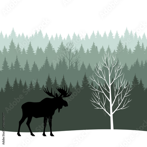 Silhouette of a Moose in a Coniferous Forest Winter Landscape Vector Illustration