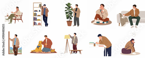 Set of illustrations depicting a man's daily life at home, including reading, relaxing, drinking tea, caring for plants, and pet interaction.