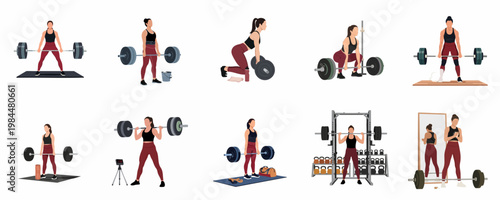 Flat vector illustration set of a woman performing various gym exercises like deadlifts, squats, and overhead presses with a barbell in minimalist style.