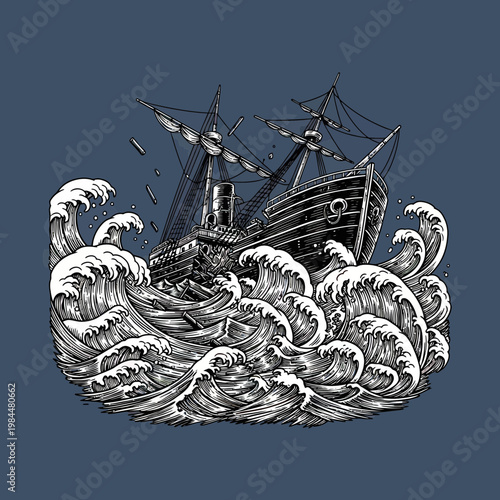 Vintage Woodcut Illustration of a Sailing Ship Caught in a Violent Storm with Large Crashing Waves in the Ocean