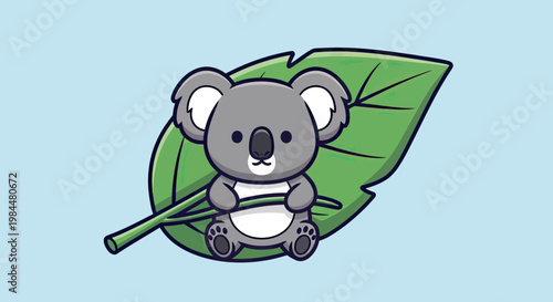 Cute Cartoon Koala Character Sitting with Eucalyptus Leaf Vector Illustration