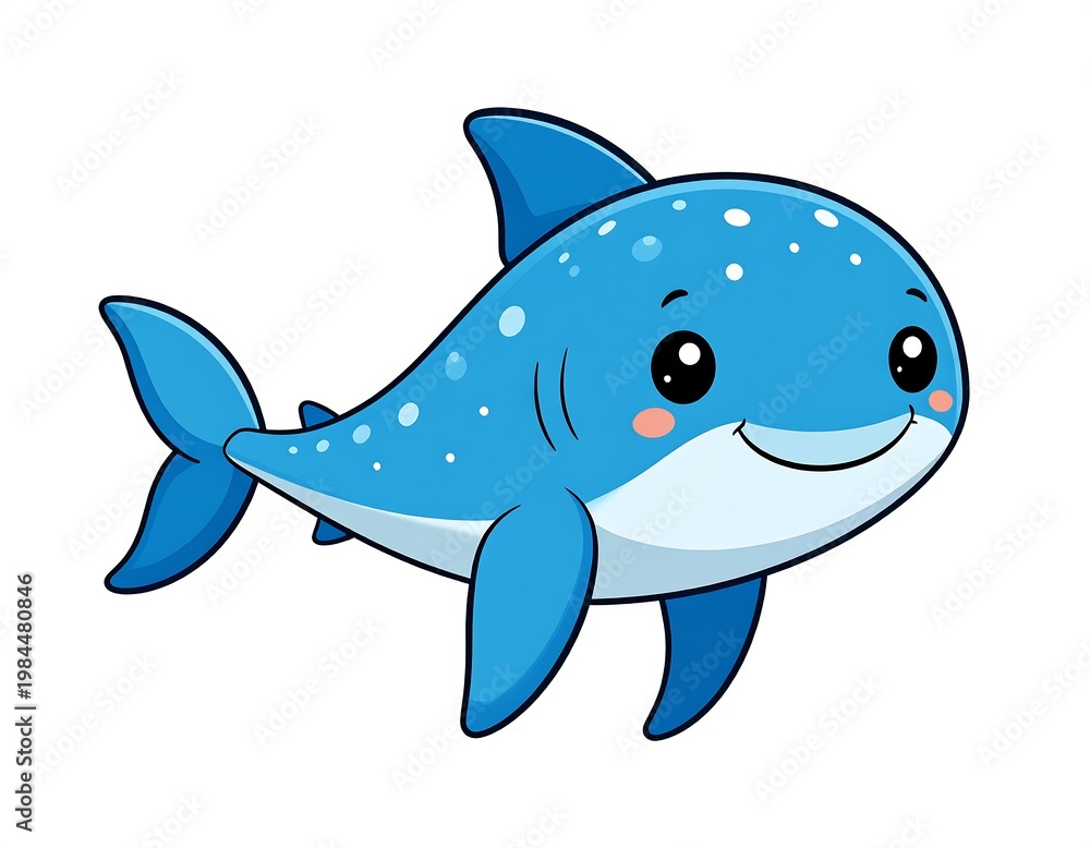 Obraz premium Blue cartoon shark with white spots and fins against a white backdrop