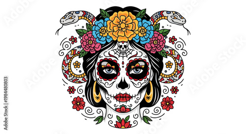 Mexican Day of the Dead La Catrina Illustration with Sugar Skull Makeup, Floral Crown, and Snakes
