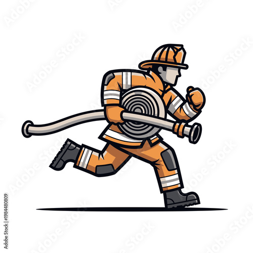 Brave Firefighter Running with Fire Hose and Gear, Professional First Responder Vector Illustration Isolated on White