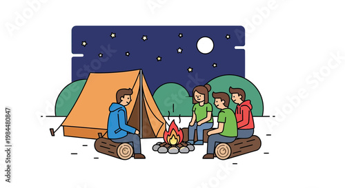 Group of Friends Sitting Around a Campfire at Night Near a Tent Flat Vector Illustration