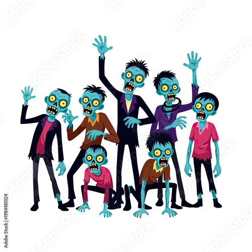 Group of Cartoon Zombies Characters with Blue Skin and Yellow Eyes, Set of Undead Walking Dead Monsters for Halloween Illustration