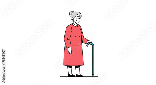 Senior Elderly Woman Standing with a Walking Cane, Grandmother using a Mobility Aid for Support, Flat Vector Illustration Isolated on White Background