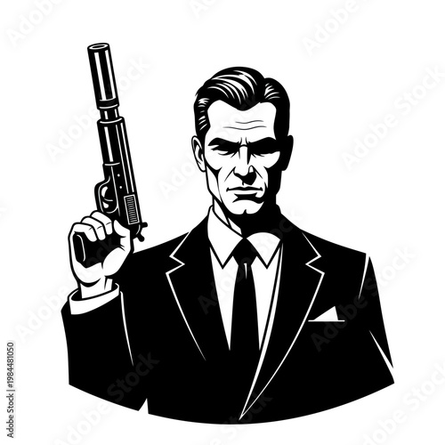 Professional Secret Agent or Spy in Elegant Suit Holding a Handgun with Silencer, Black and White Vector Illustration