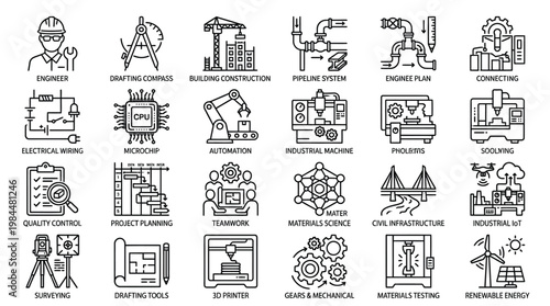 A comprehensive set of line icons representing various engineering, construction, and industrial concepts, including design, automation, and technology.