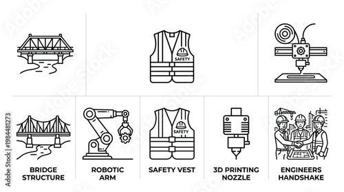 A collection of line art icons depicting engineering, construction, and technology elements such as bridges, robotic arms, safety vests, 3D printers, and engineers.