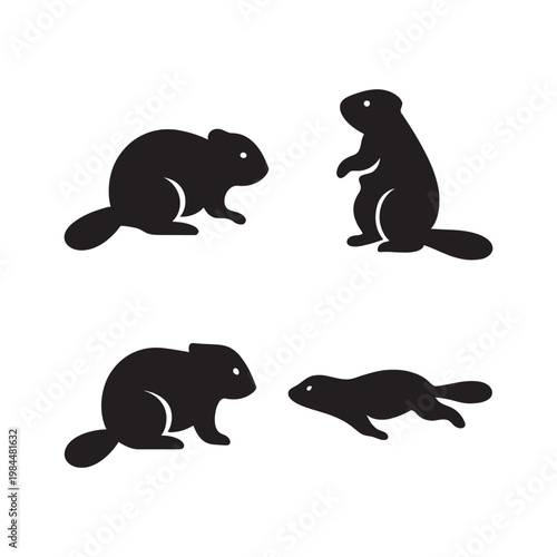 Beaver Silhouette Set – Black Beaver Icons in Different Poses Isolated on White