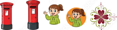 British Red Post Box Mailbox with Cute Waving Girl Cartoon Avatar and Decorative Floral Ornament Vector Illustration Collection