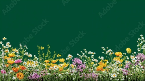 Conjunto de flores de primavera sobre fondo liso de color verde