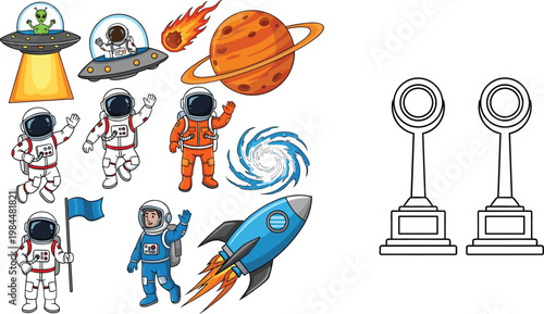 Space Exploration Cartoon Vector Set Featuring Astronaut Characters, UFO Alien Abduction, Rocket Launch, Planet Saturn, Galaxy Swirl and Trophy Awards