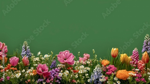 Conjunto de flores de primavera sobre fondo liso de color verde