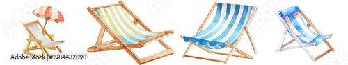 Watercolor set of striped beach deck chairs and umbrella