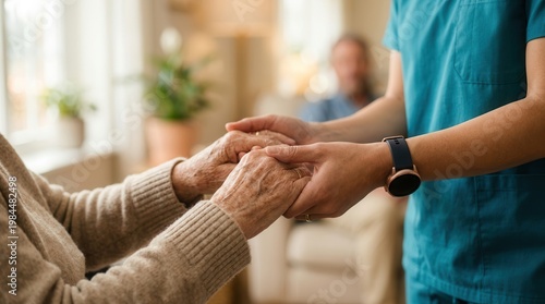 Close-up of a nurse's hands providing comfort and empathy to an elderly person in care.