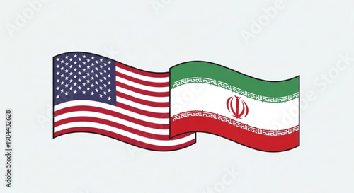 American and iranian flags waving side by side on white background symbolizing diplomacy and international relations