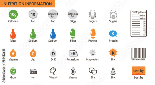 Essential Food Nutrition Information Vector Icon Collection Featuring Dietary Data Graphic Elements for Healthy Lifestyle Designs