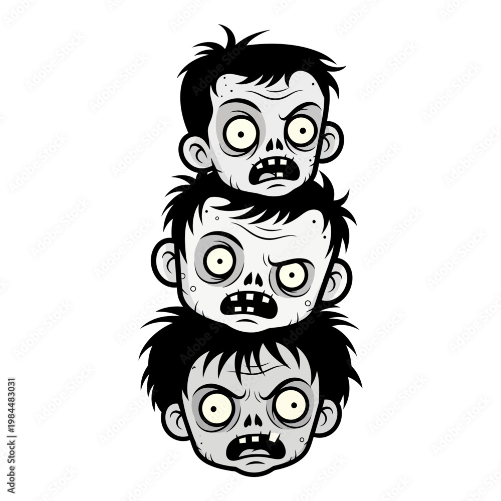 Obraz premium Stack of Three Cartoon Zombie Heads Vector Illustration, Spooky Undead Characters for Halloween Design