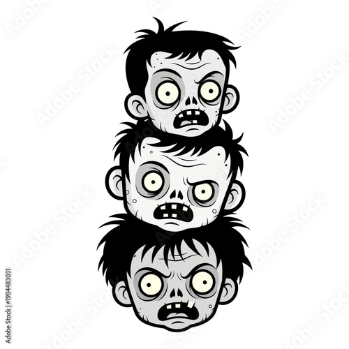 Stack of Three Cartoon Zombie Heads Vector Illustration, Spooky Undead Characters for Halloween Design