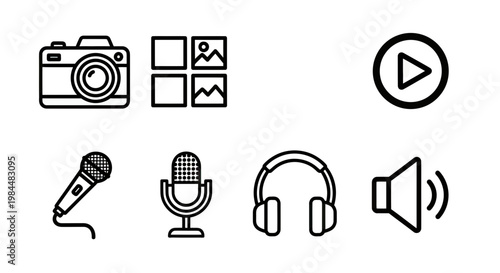 Multimedia and Audio Video Content Creation Outline Icon Set with Camera, Microphone, Headphones, and Play Symbols
