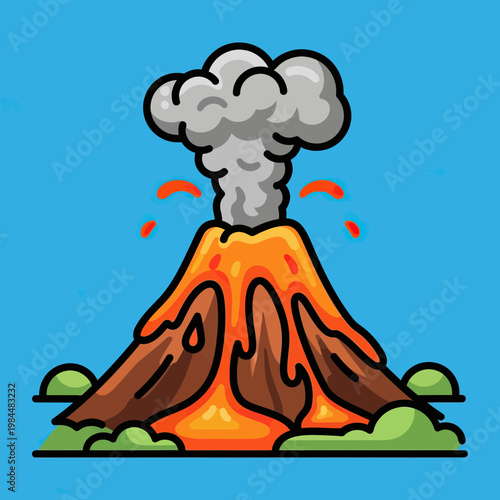 Vector Illustration of an Erupting Volcano with Flowing Lava and Smoke Plume