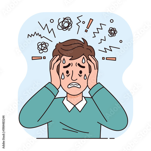 Stressed Man Feeling Overwhelmed and Anxious with Mental Chaos, Holding Head in Panic and Worry Illustration