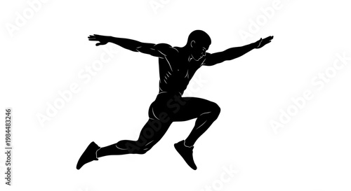 Dynamic Silhouette of a Muscular Male Athlete Leaping in Mid-Air, Long Jump Track and Field Concept
