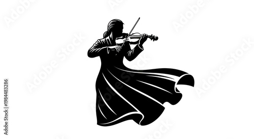 Elegant Black and White Silhouette of a Female Violinist Playing Violin with Flowing Dress