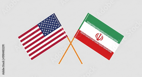 American and iranian flags crossed on gray background symbolizing diplomacy and international relations between usa and iran