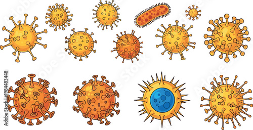 Virus and bacteria illustration set with detailed microscopic pathogen icons colorful medical microbiology elements collection for healthcare design