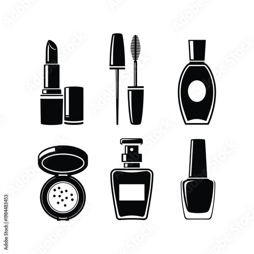 Makeup and Cosmetics Silhouette Icons Set – Lipstick, Mascara, Perfume, Nail Polish