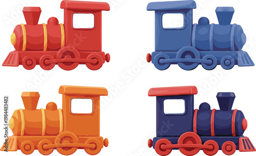 Colorful Cartoon Toy Train Locomotive Vector Set Featuring Red Blue Orange and Purple Railway Engine Illustrations for Kids Design