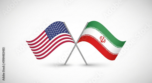 American and iranian flags crossed on white background symbolizing diplomacy and international relations between usa and iran
